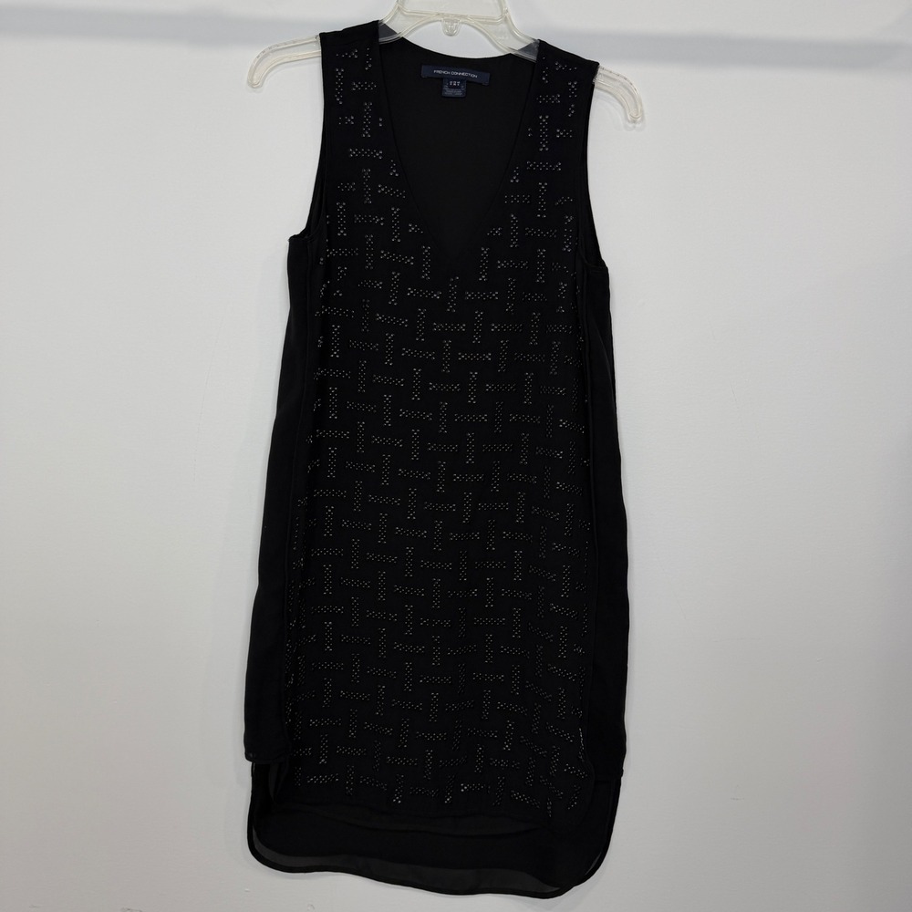 French Connection Black Silk Studded Embellished Shift Dress 4 Edgy Luxe 90s